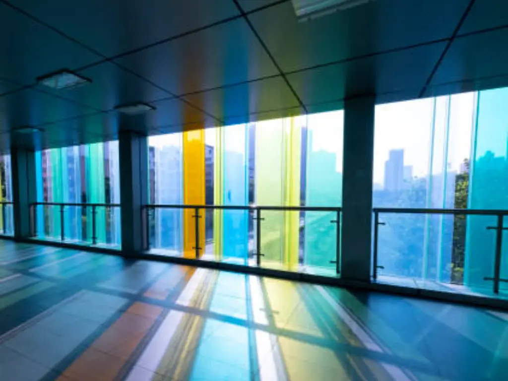 Modern commercial building with reflective window film