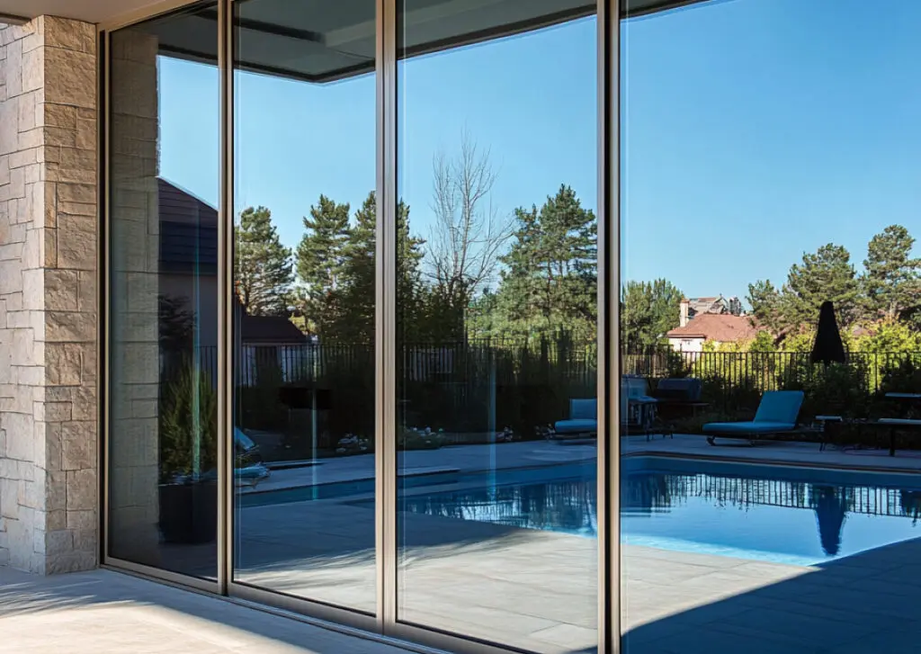 Bright living room with large tinted windows showing typical results