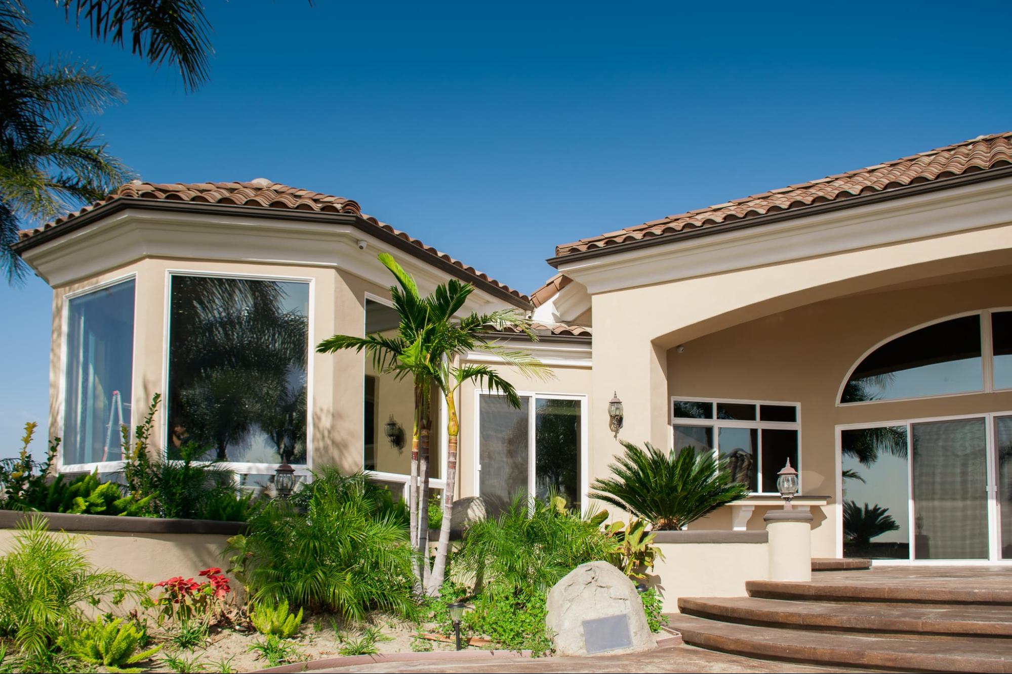 Villa exterior with sun control window film